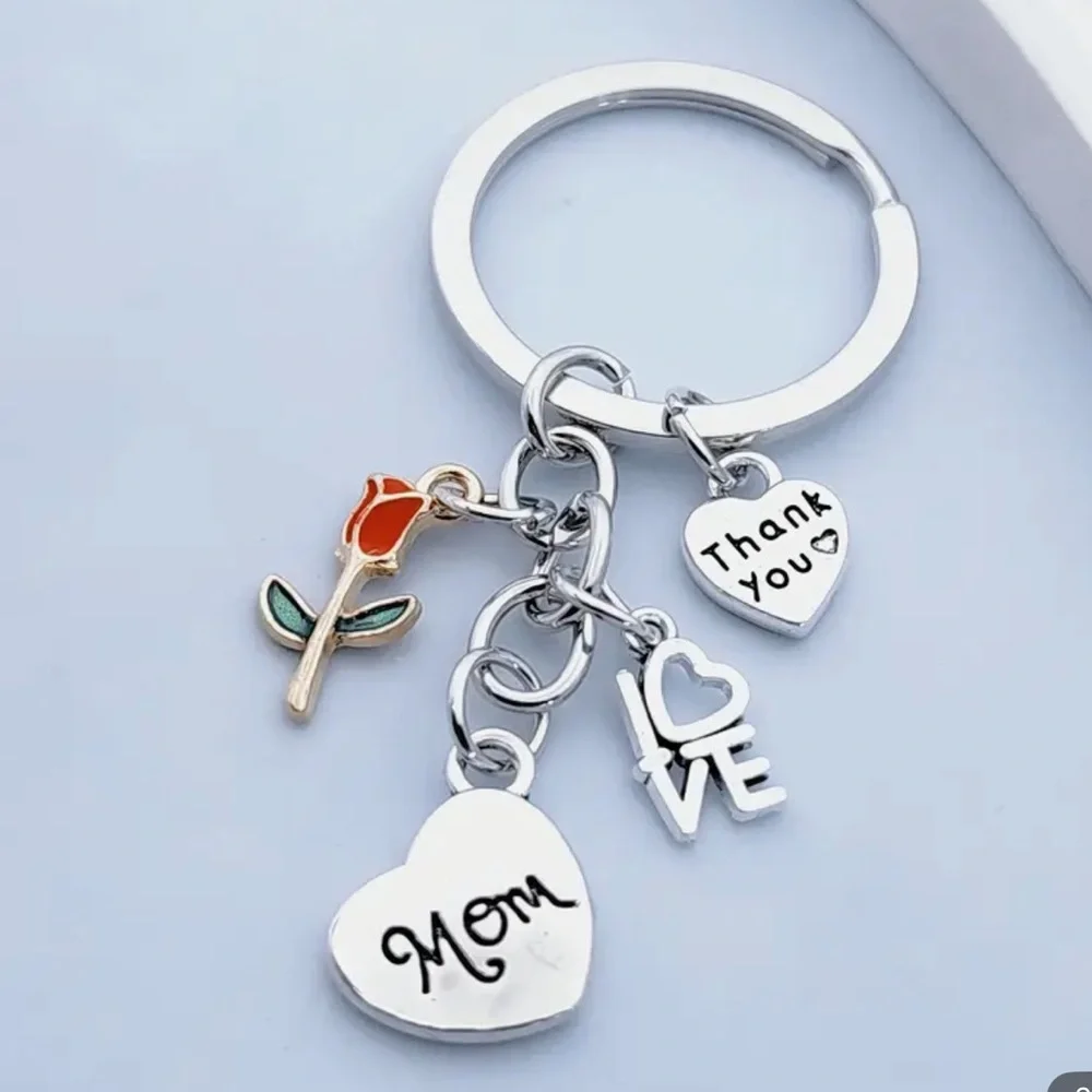 Fashion Silver and Red Key Holder with Heart, mother and Love Charms